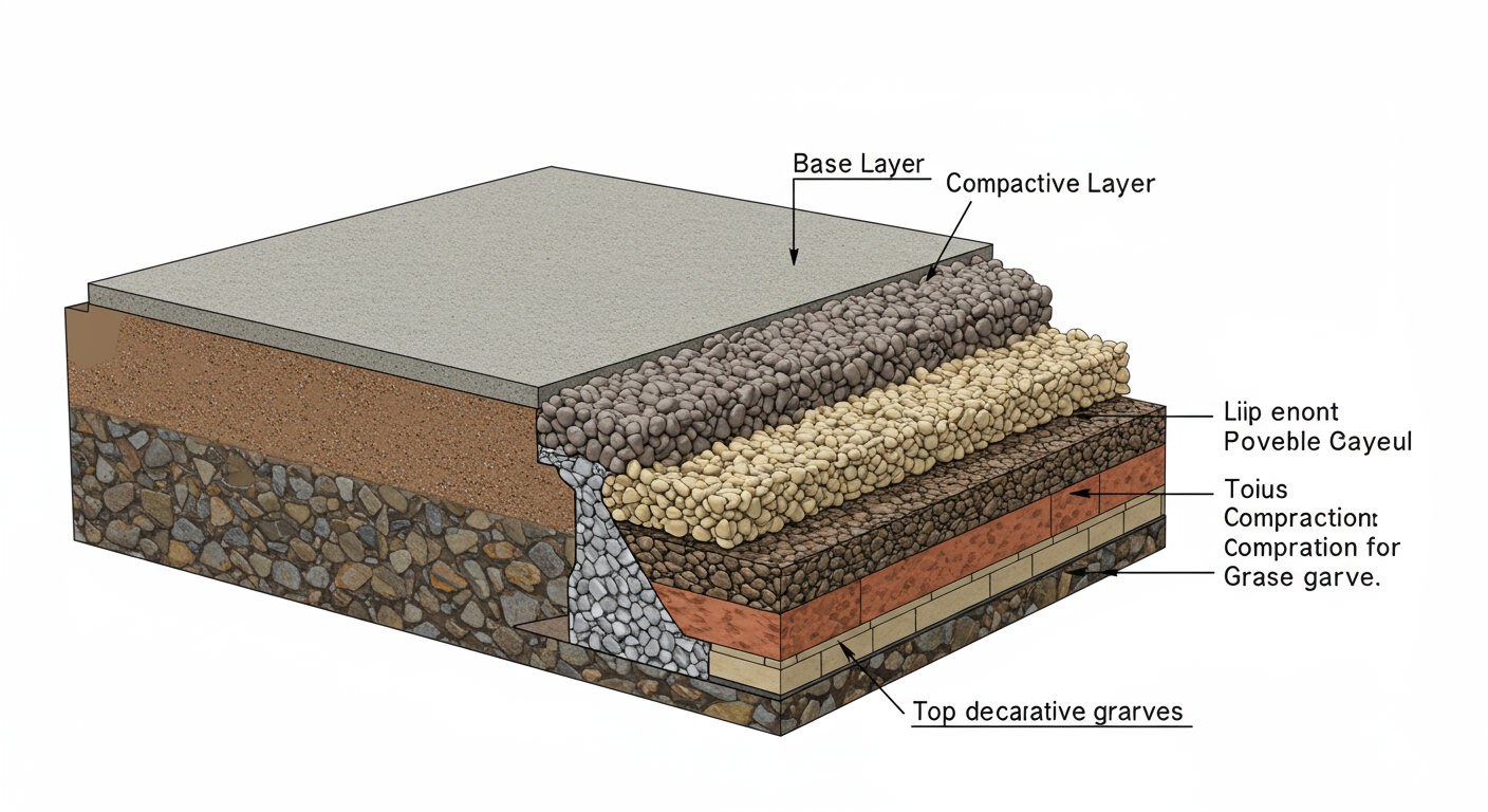 砕石駐車場の施工例と層構造の図解