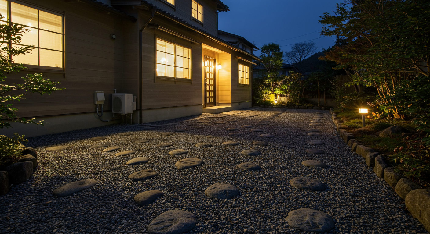 砕石駐車場の防犯効果を示す夜間の様子