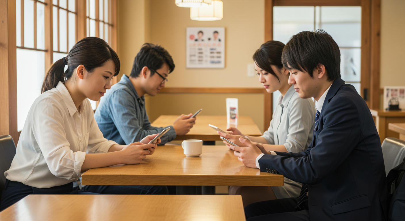 福岡の若者がスマートフォンで求人情報を検索している様子