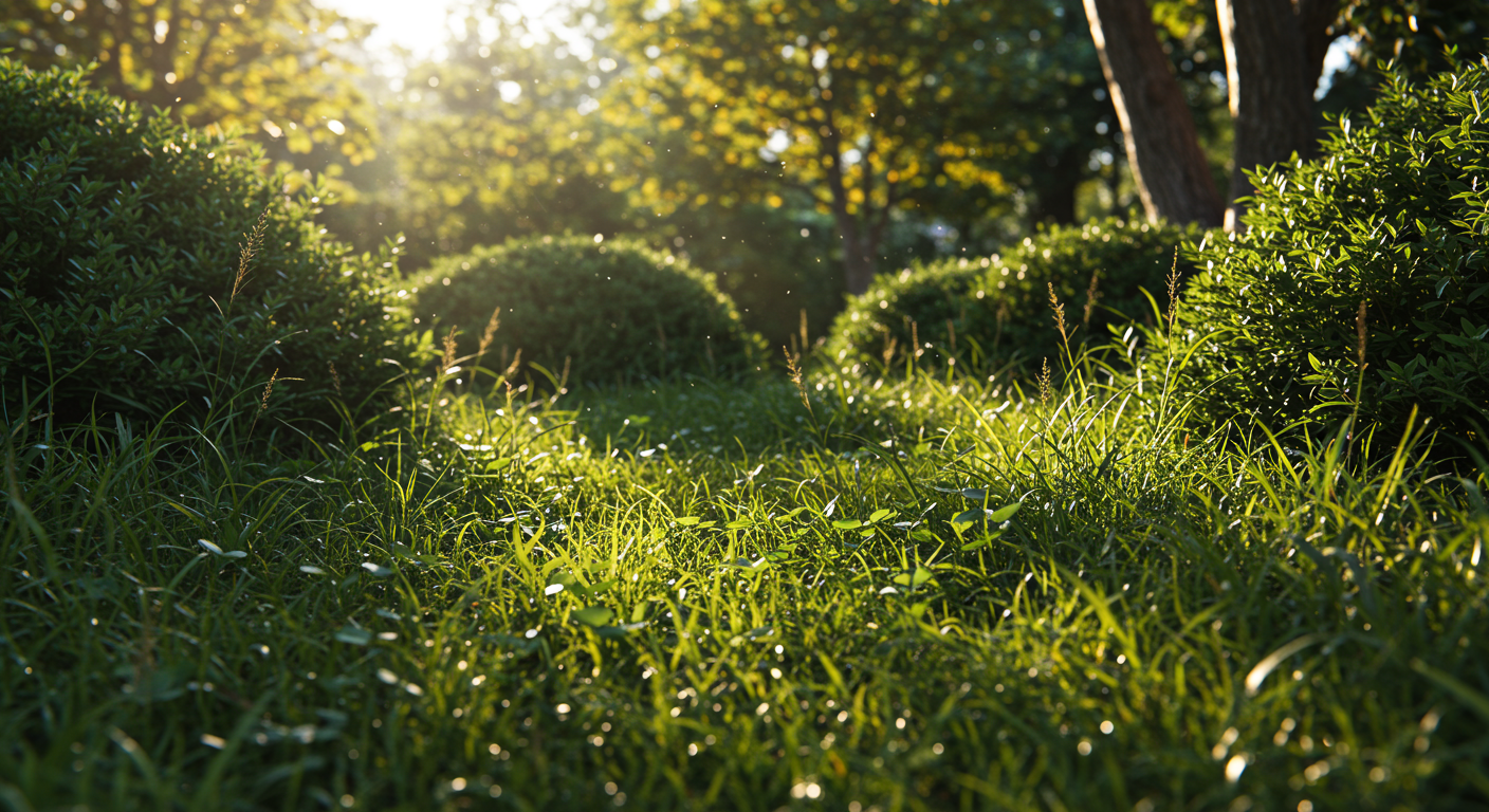 下草が生い茂った庭の様子