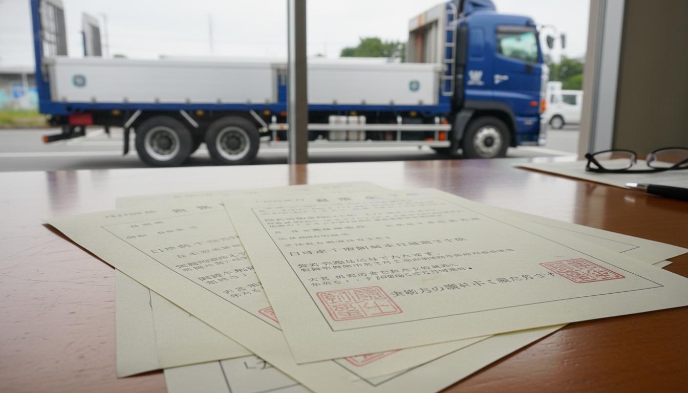 特殊車両通行許可の有効期間を示す書類とトラック