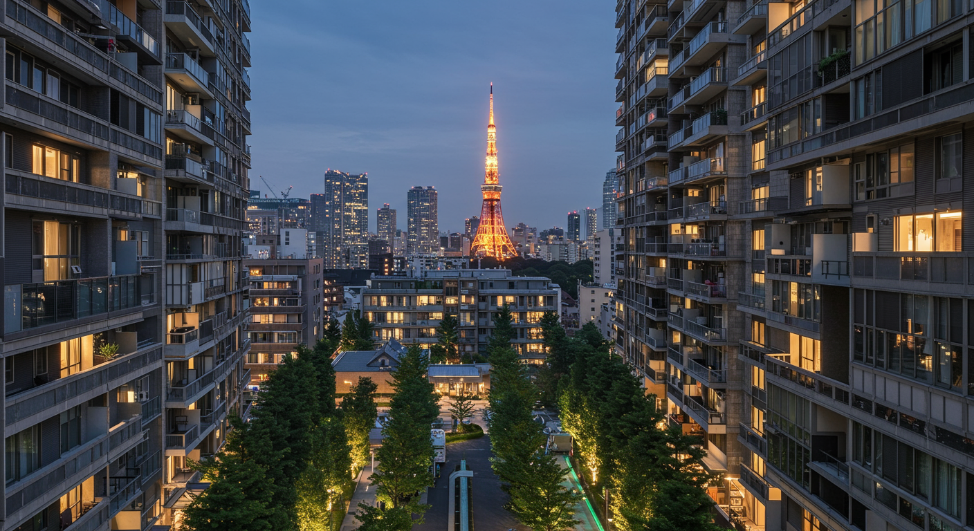 港区の高級マンションと街並みの夕景