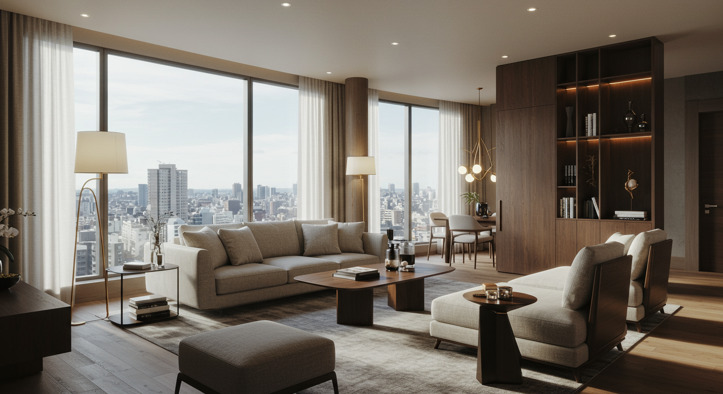 赤坂の高級マンションのモダンなリビングルーム