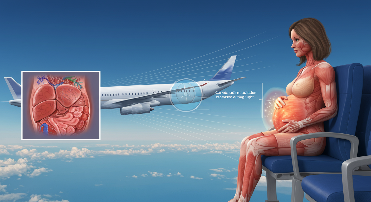 飛行機搭乗時の放射線と妊婦への影響を説明した医学イラスト
