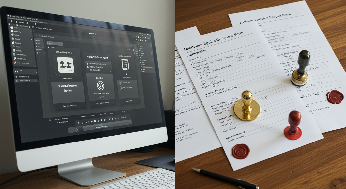 電子申請システムの基本画面と従来の紙申請書類の比較
