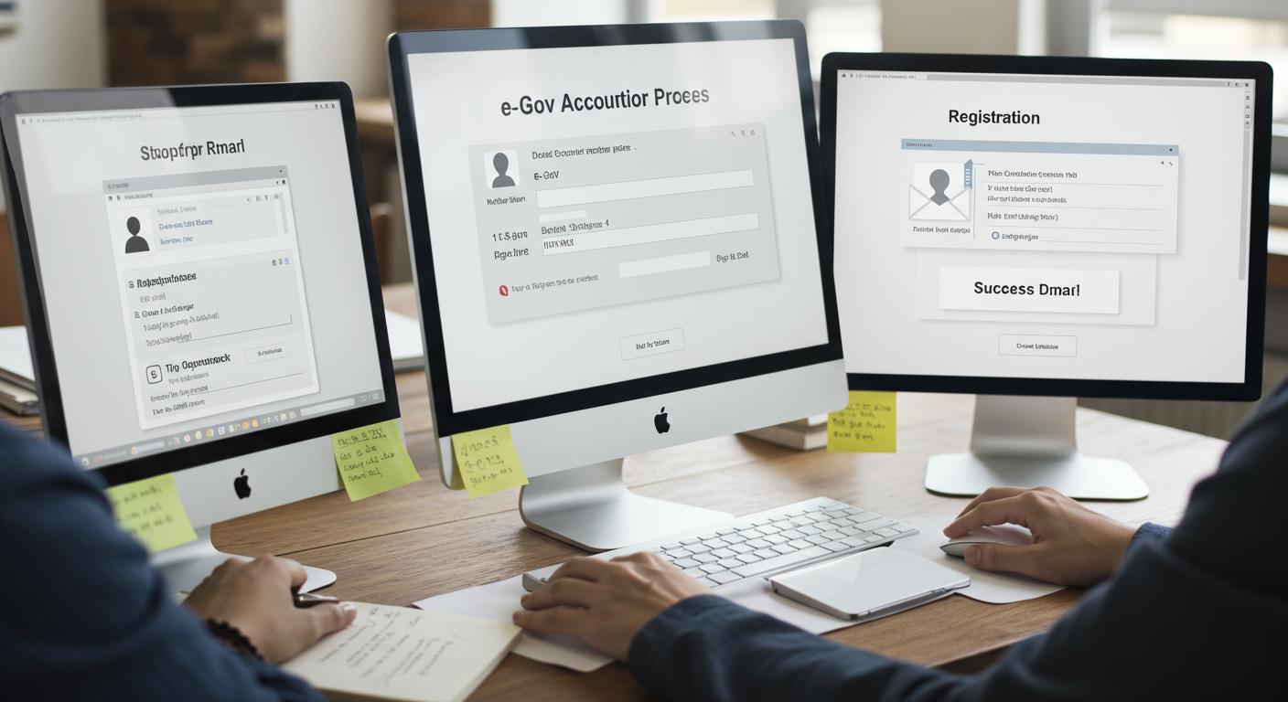 e-Govアカウント登録画面とメール確認の流れ