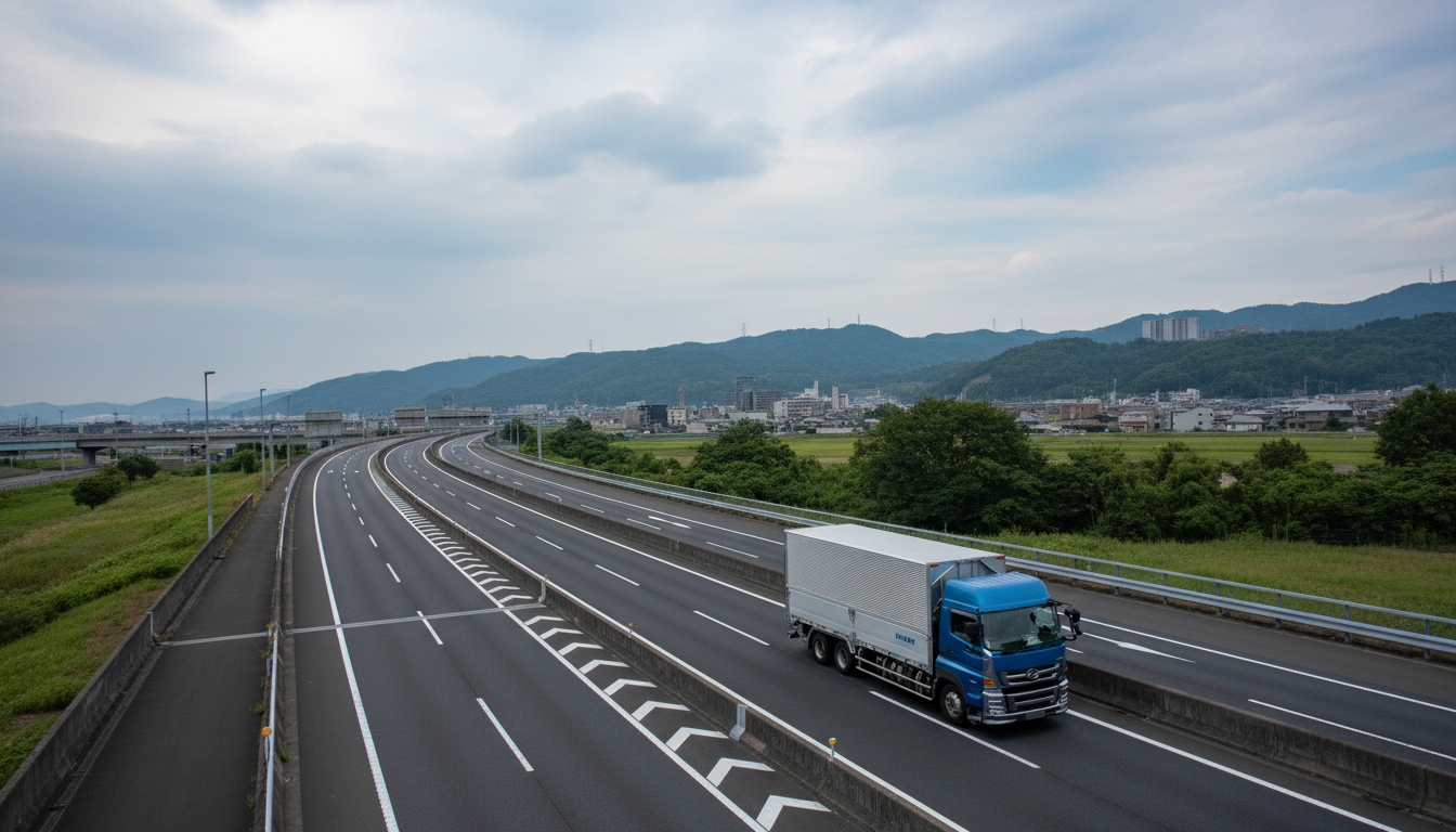 特殊車両通行許可制度の概要を示す道路と大型トラックのイメージ