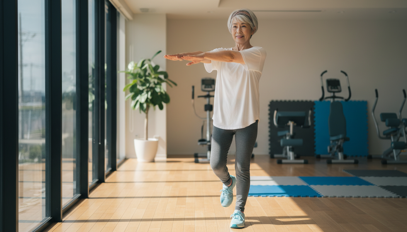 60代女性が明るいジムで軽い運動をしている様子