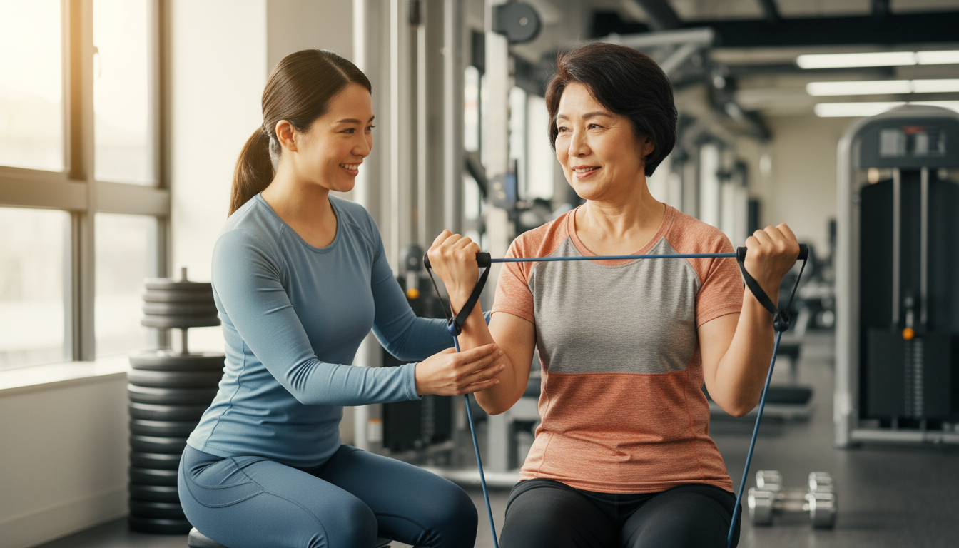 パーソナルトレーナーが中高年女性に優しく指導している風景