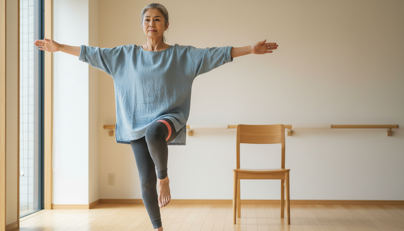 バランス感覚を鍛える運動をする中高年女性
