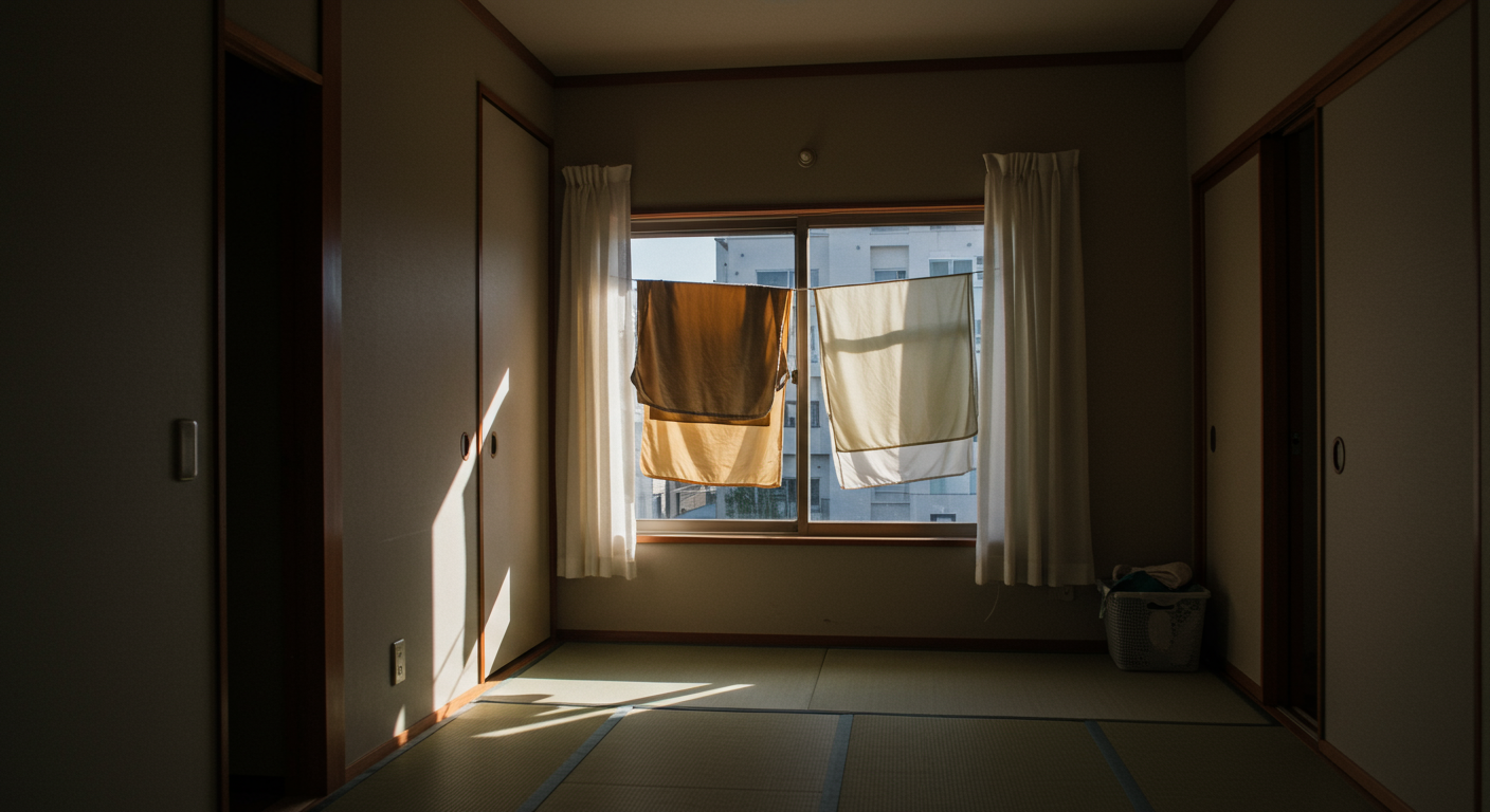 窓際に干された洗濯物で暗くなった部屋の様子
