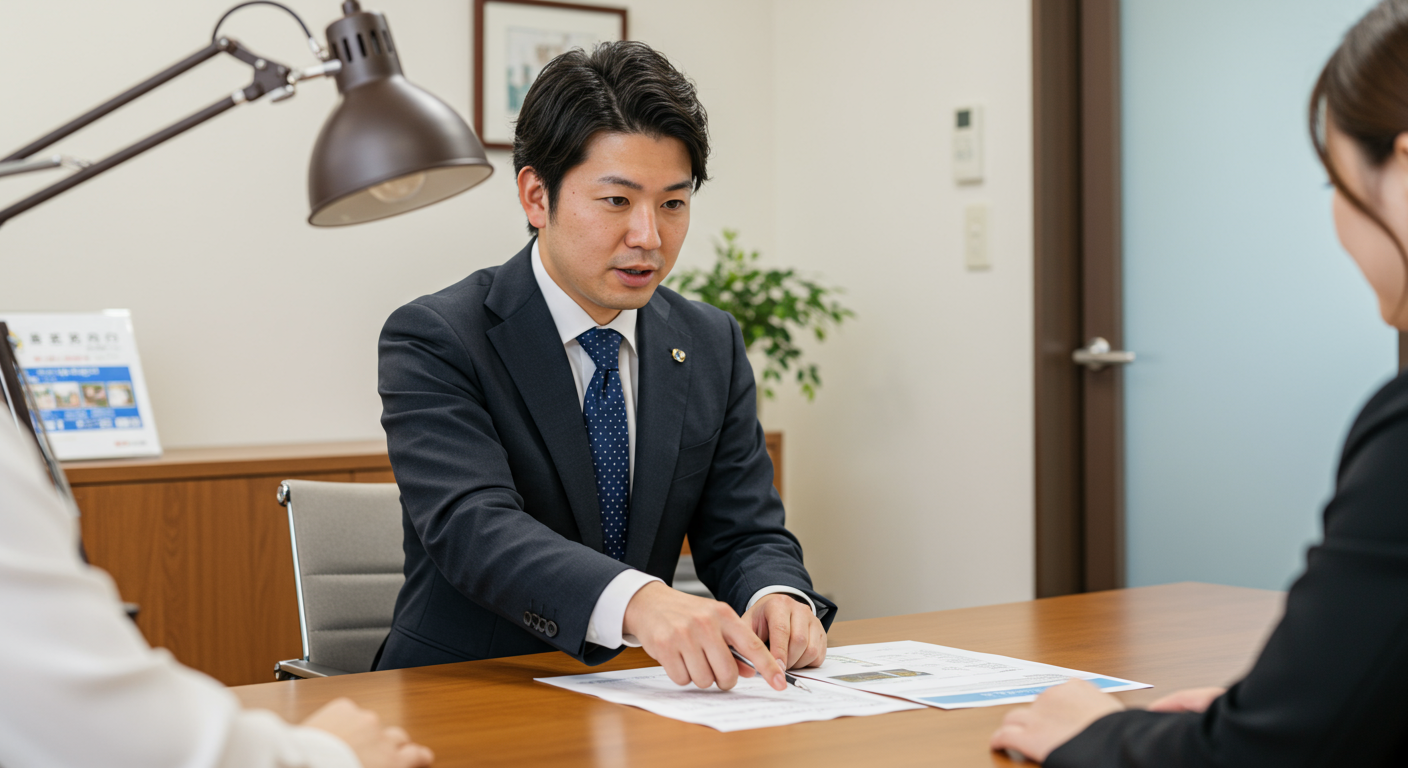 不動産営業マンが物件資料を手に説明している様子