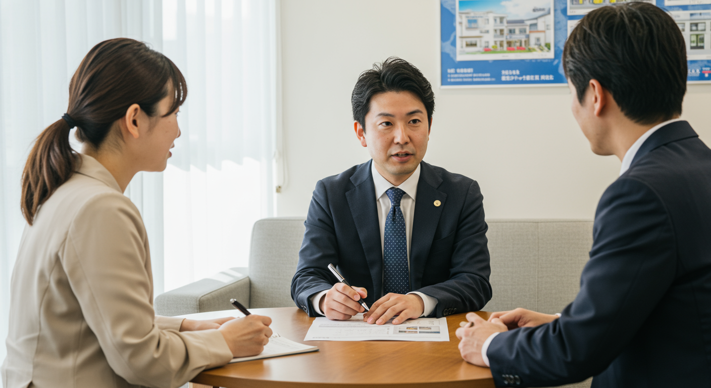 不動産営業マンがお客様とじっくり話し合っている様子