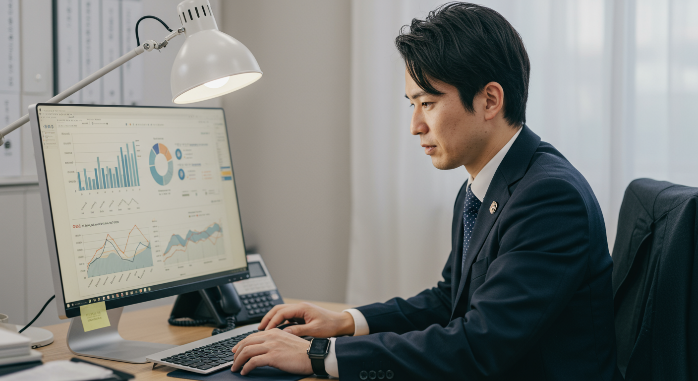 データ分析画面とグラフを見ている不動産営業マン