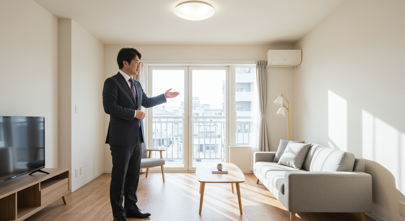 室内で物件を案内している不動産営業マン