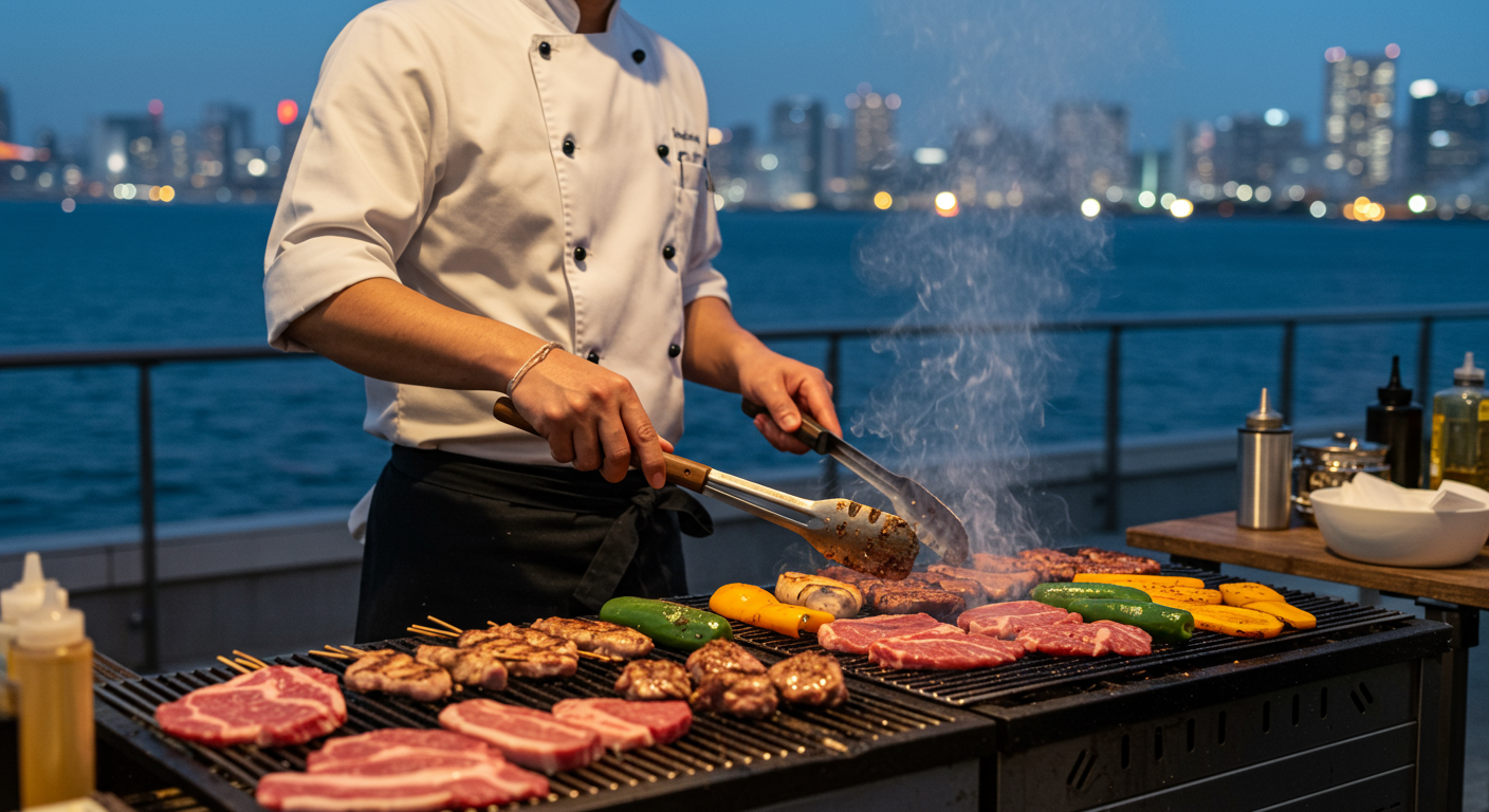 バーベキューで焼き係を担当するプロフェッショナル
