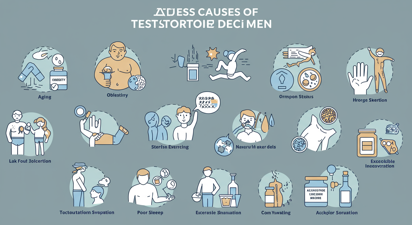 テストステロン低下の主な原因を示すイラスト