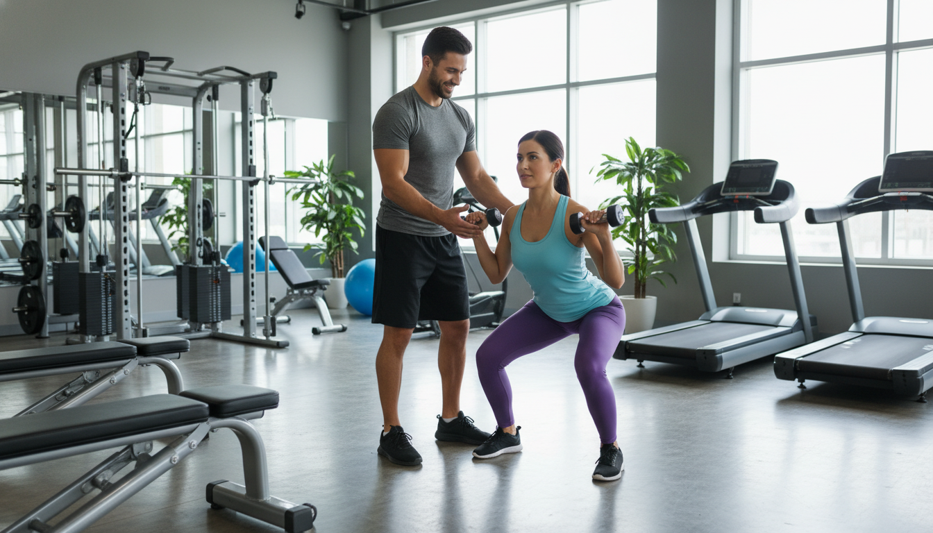 パーソナルジムでトレーニングする女性と専門トレーナーの様子