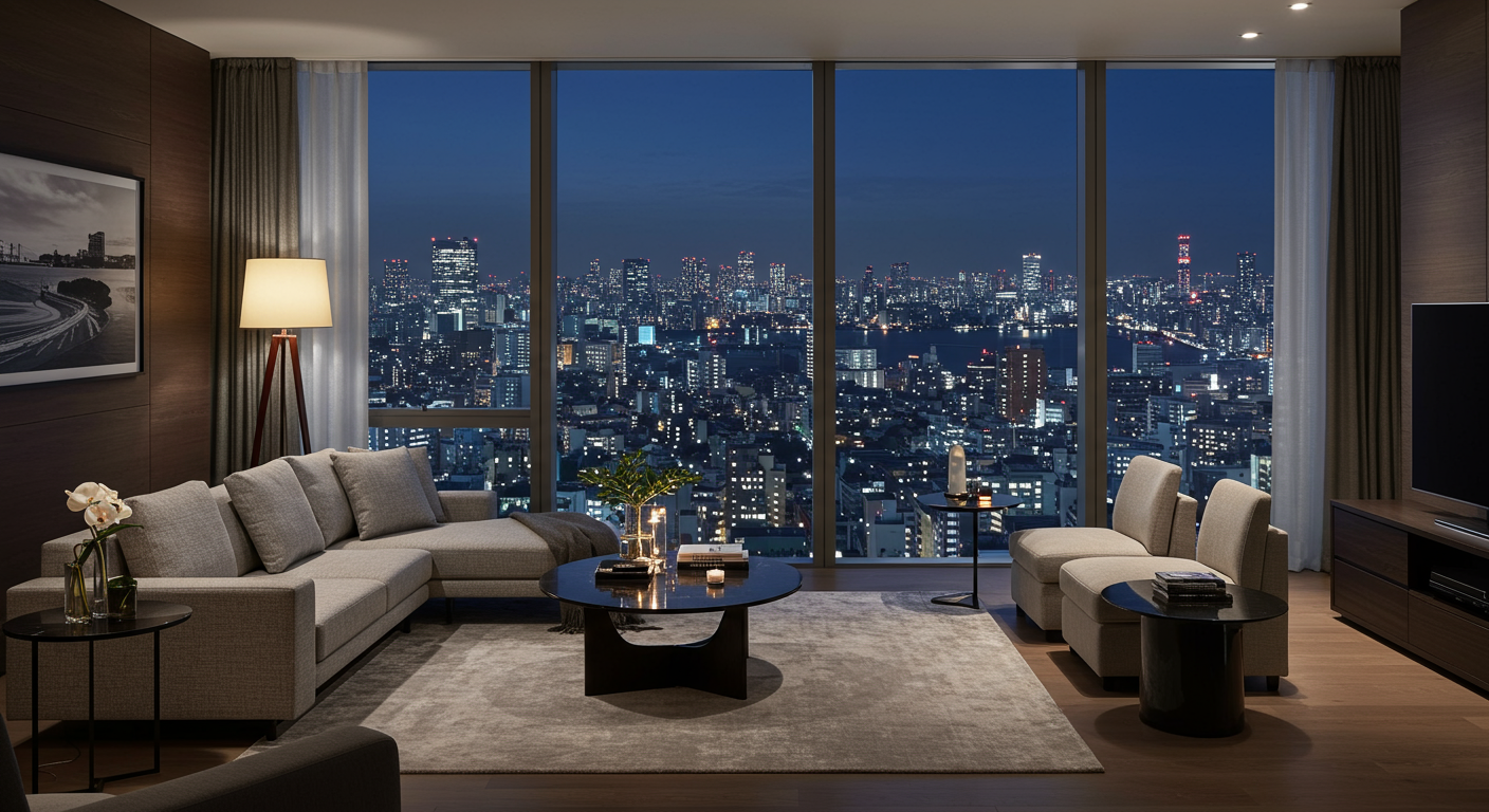 タワーマンションからの夜景を楽しむリビングルーム