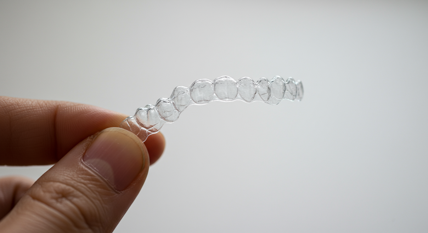 透明なマウスピース矯正装置を手に持っている様子