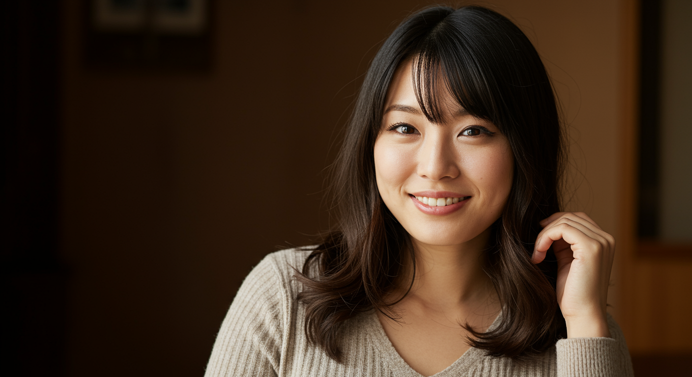 自信に満ちた表情で微笑む女性の様子