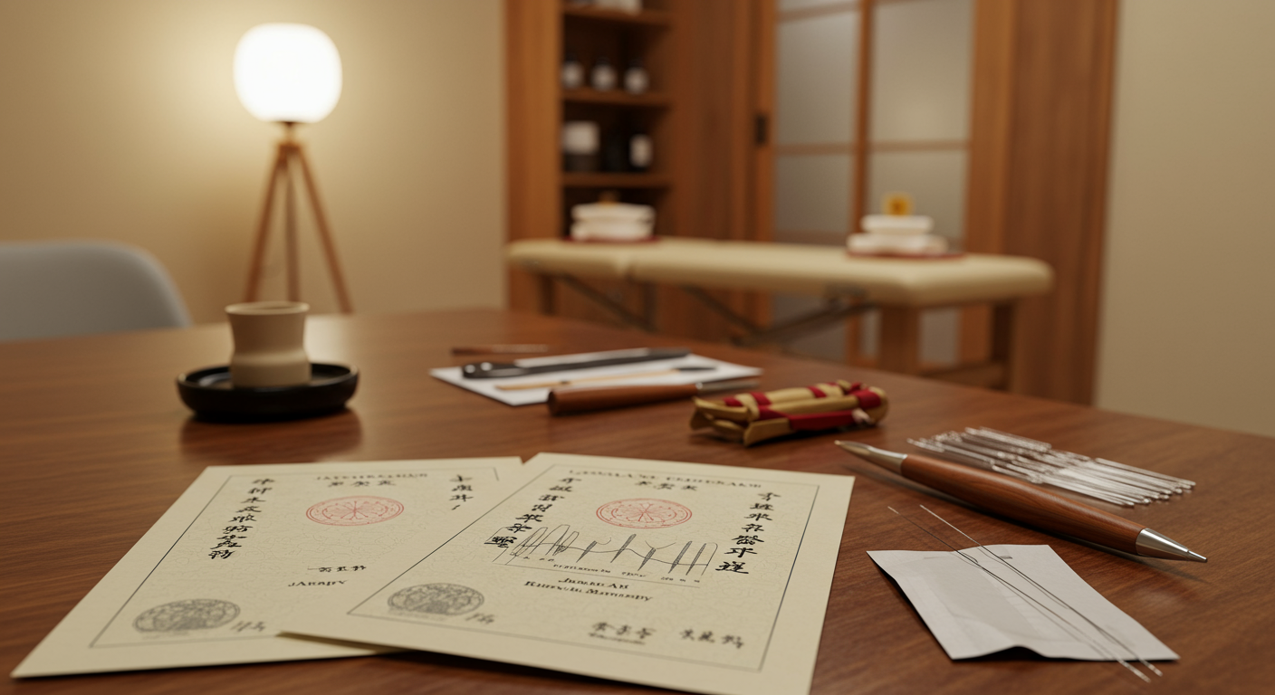 国家資格証書と施術を行う鍼灸師の様子