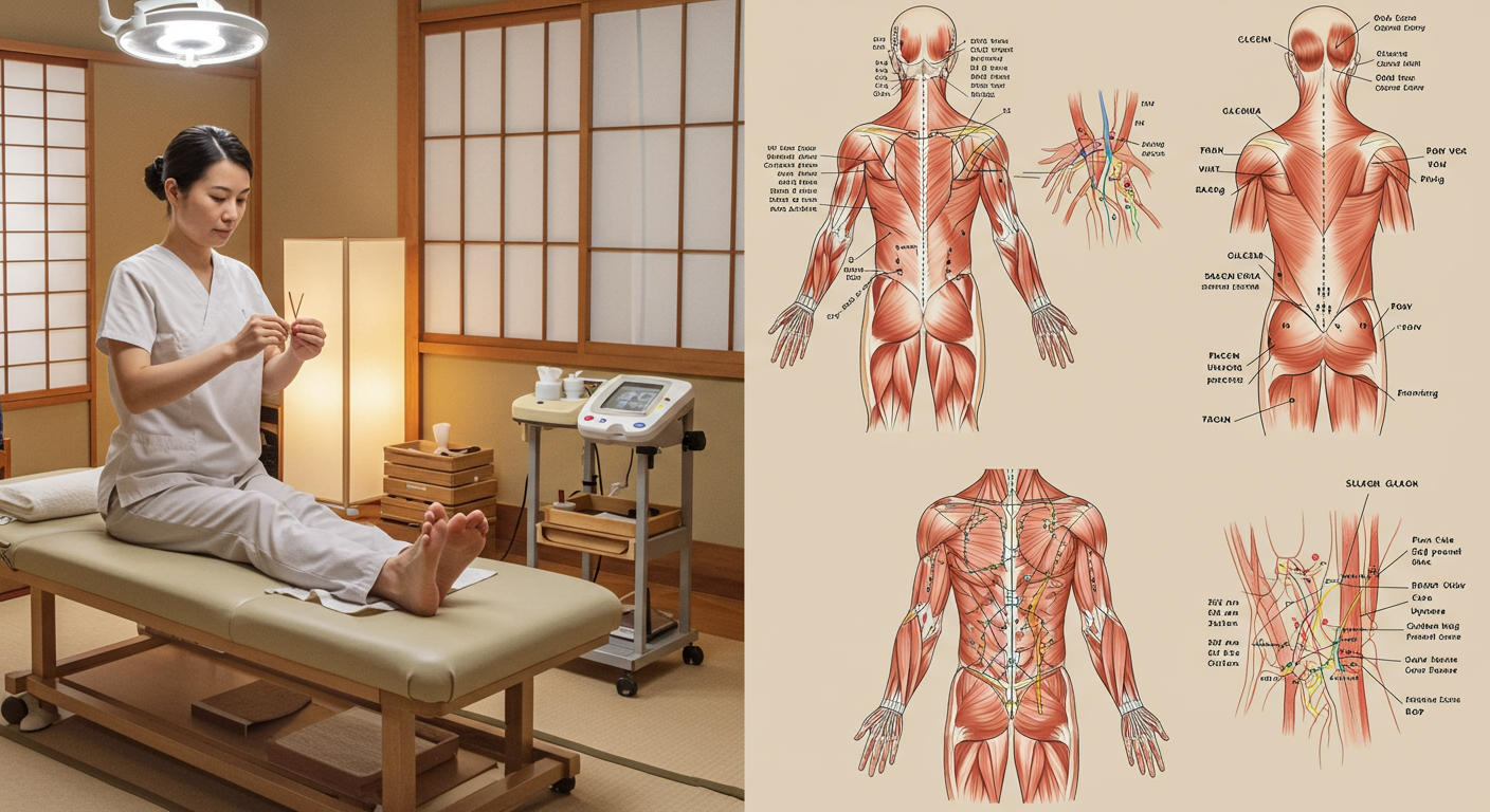 鍼灸施術の様子と解剖学の知識を示す図