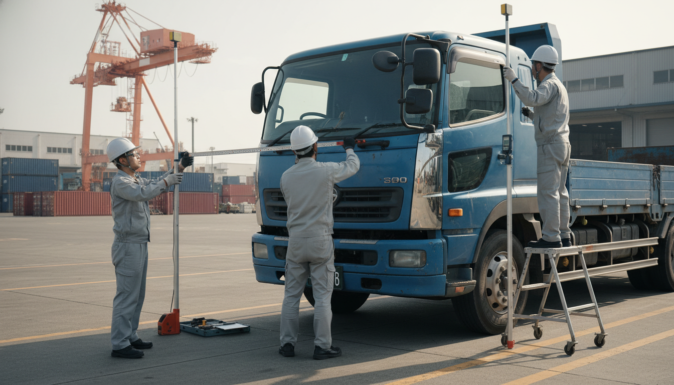 特殊車両のサイズ測定と基準判定の様子