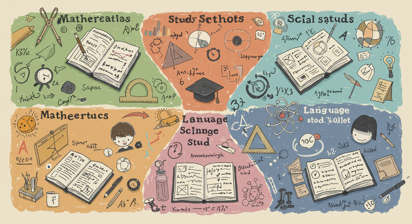 科目別の勉強法を示すイラスト