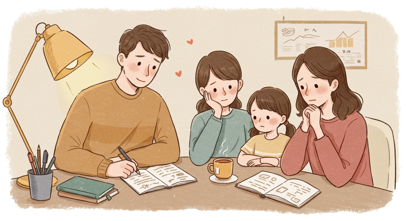 受験勉強に励む学生を応援する家族のイラスト
