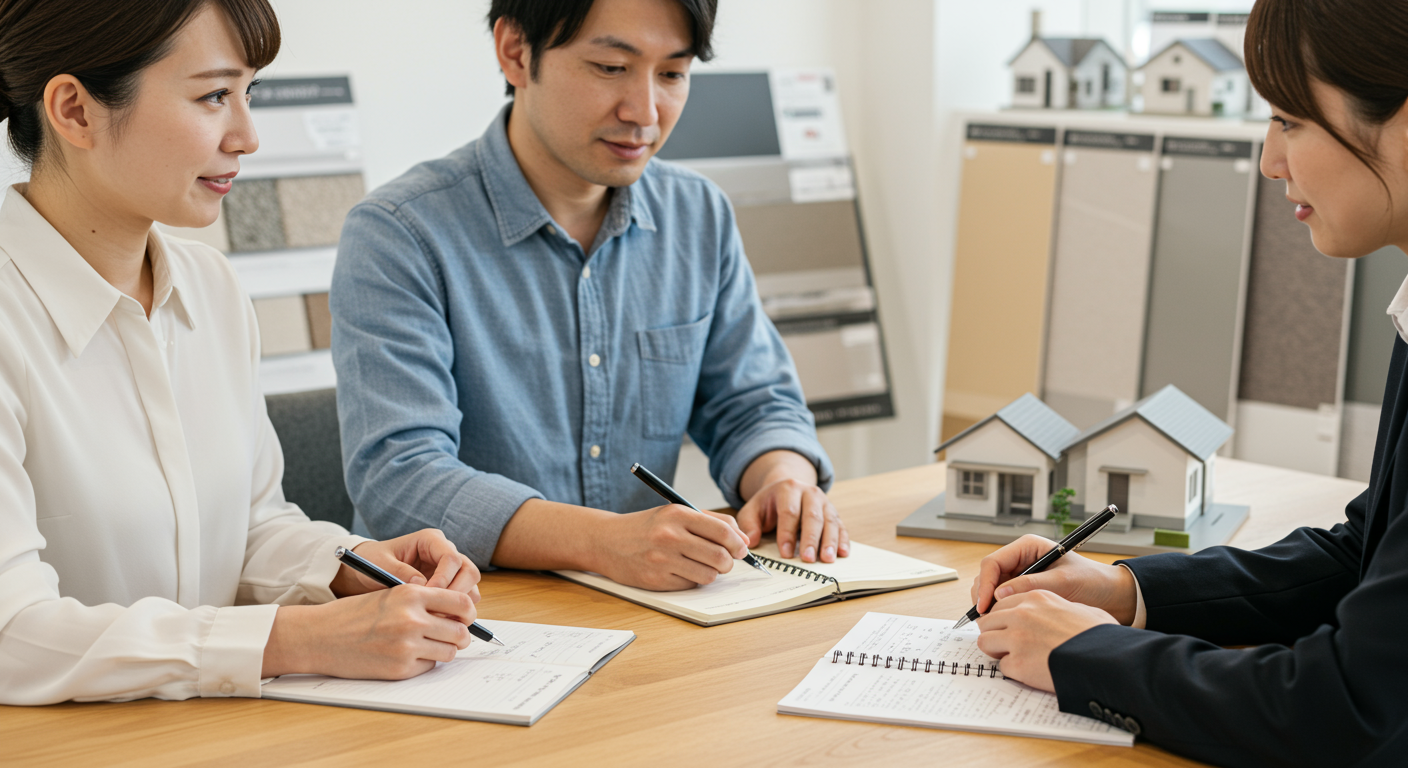 家づくりの打ち合わせでメモを取りながら質問する夫婦