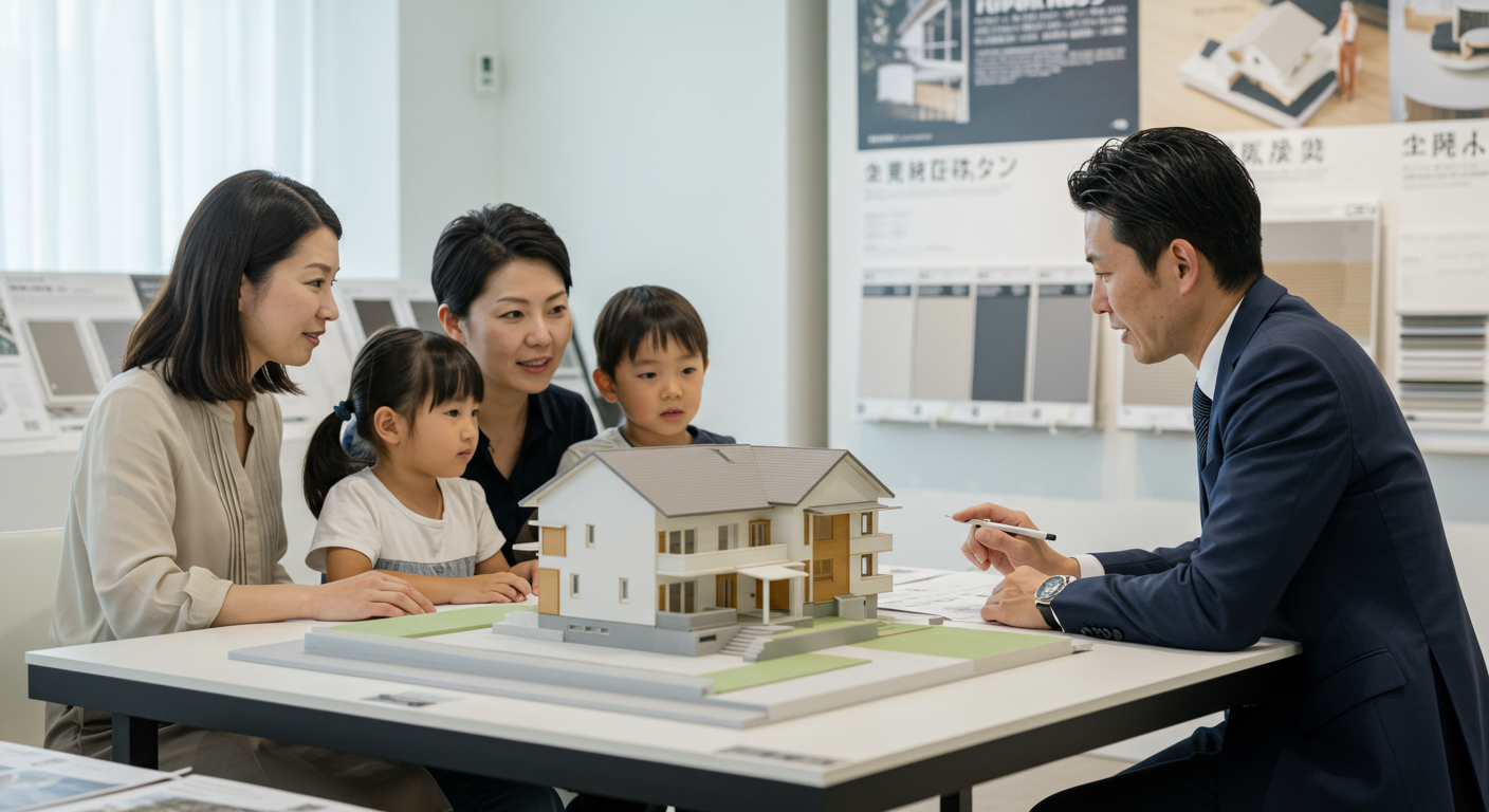住宅モデルを前に真剣に話し合う家族と営業担当者