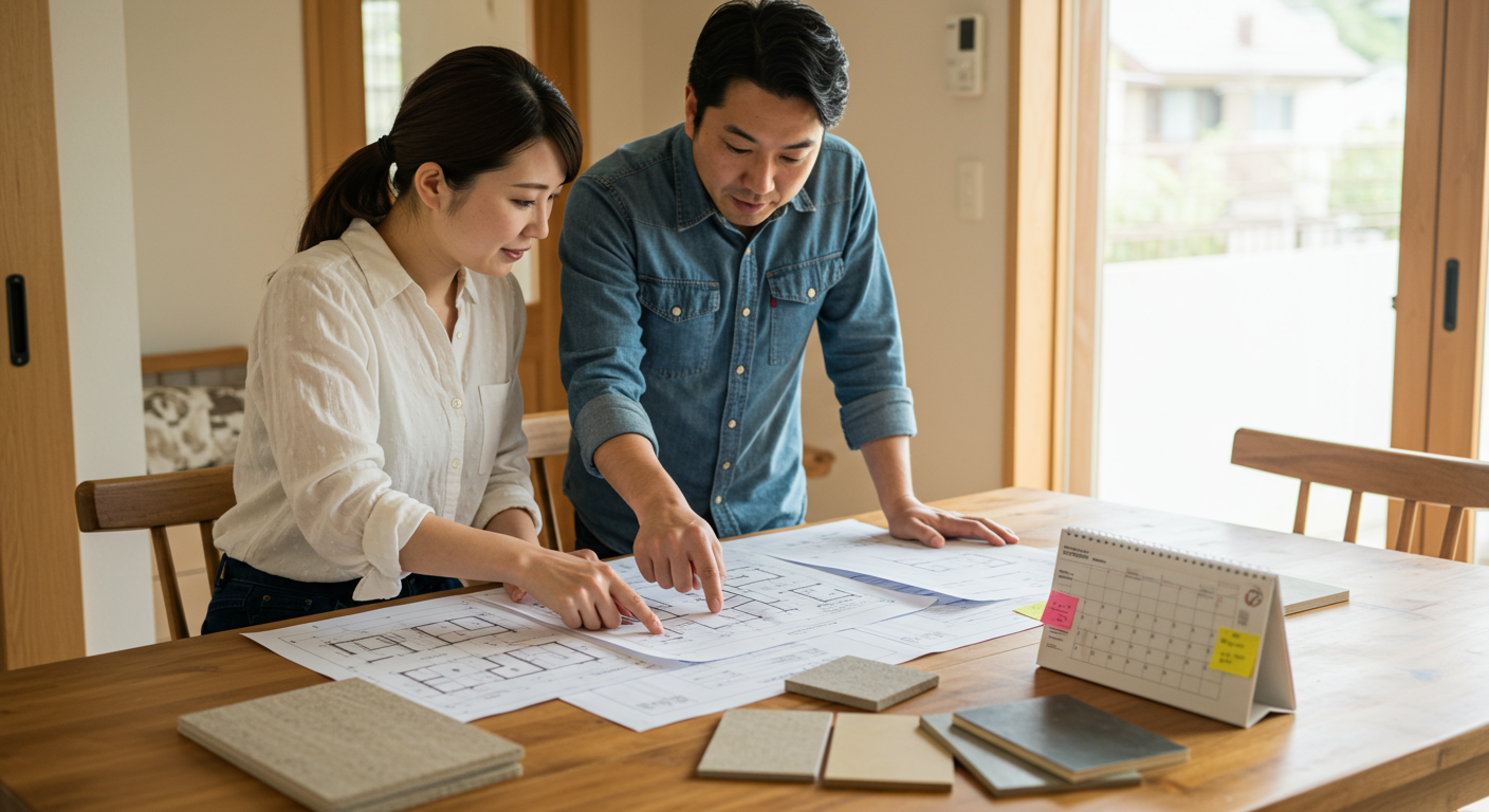 家づくりのスケジュール表を確認する夫婦