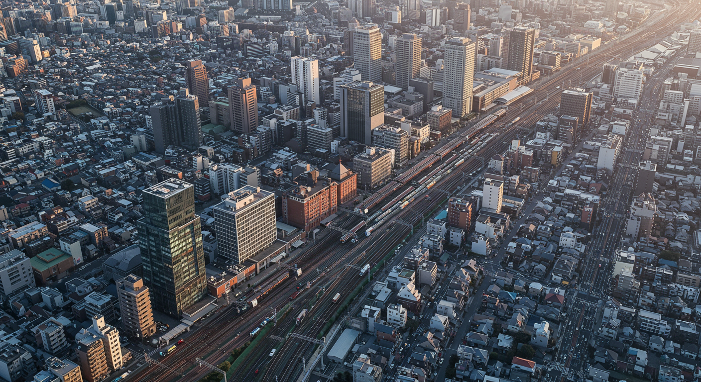 新橋駅周辺の高層ビル群と住宅エリアの対比を映した風景