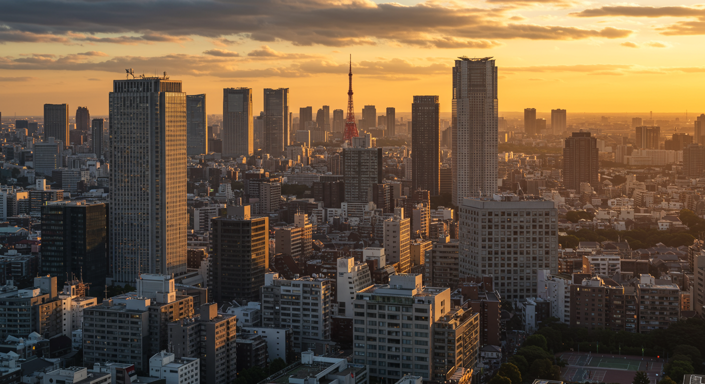 夕暮れ時の新橋エリアの街並みと住宅