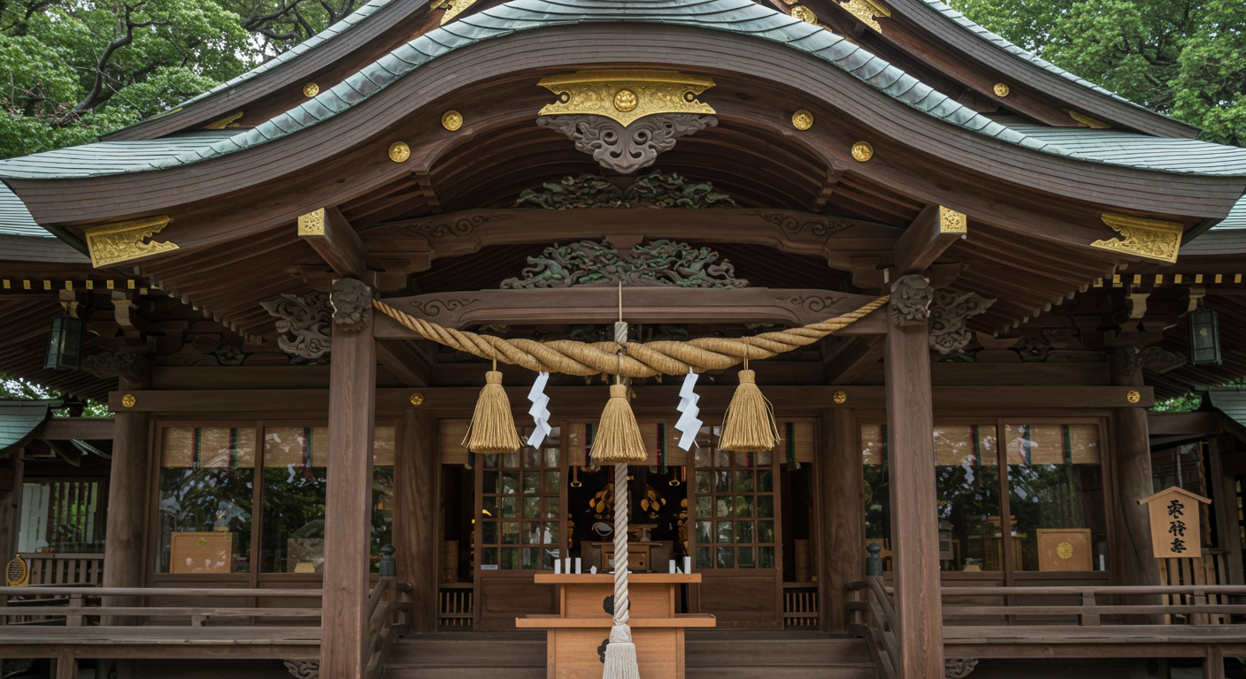 愛宕神社の荘厳な本殿と祭壇の様子