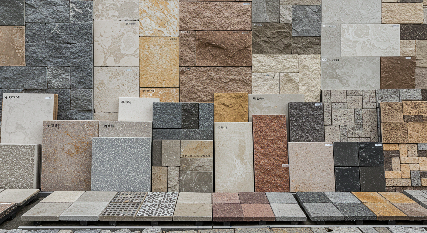 外構工事で使用される様々な石材とブロックの展示