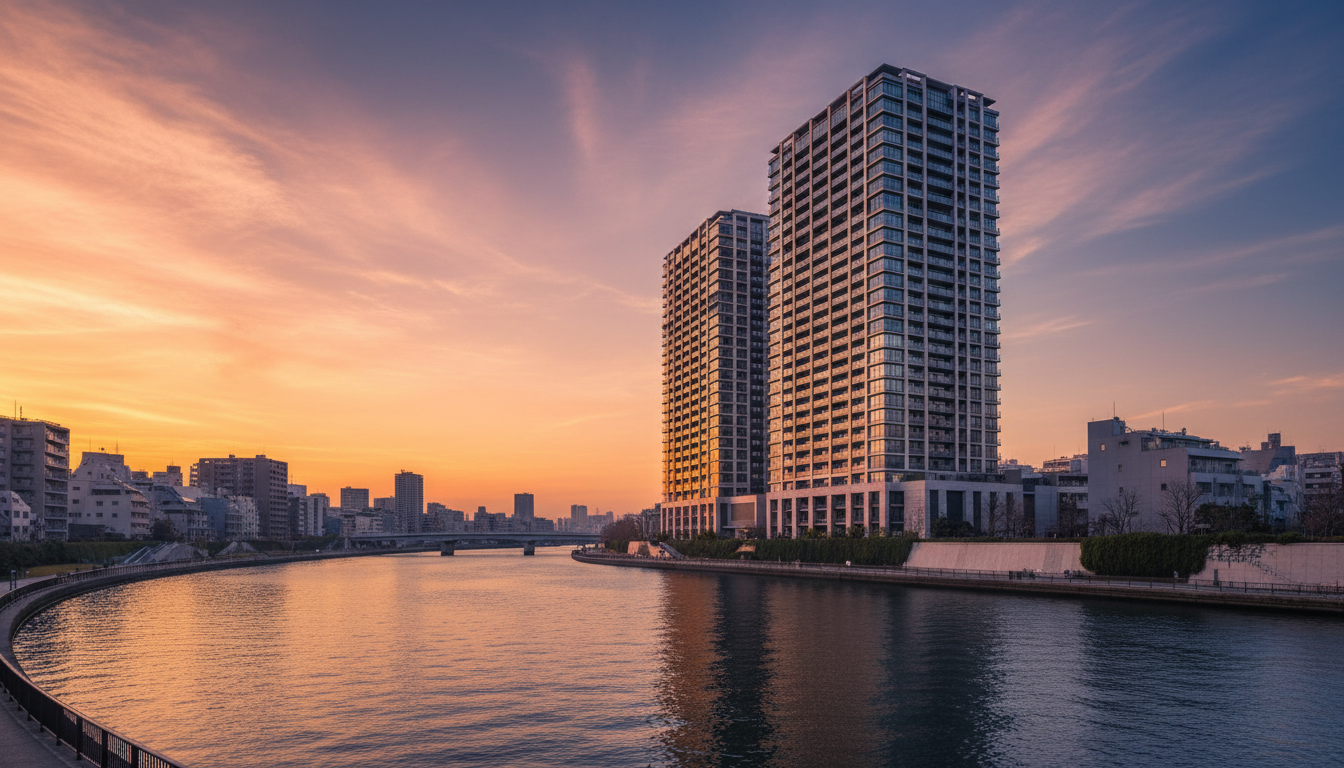 THE TOKYO TOWERS MIDTOWERの外観と隅田川の景色