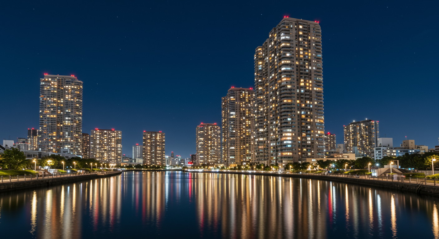 芝浦アイランドの夜景と水辺の風景
