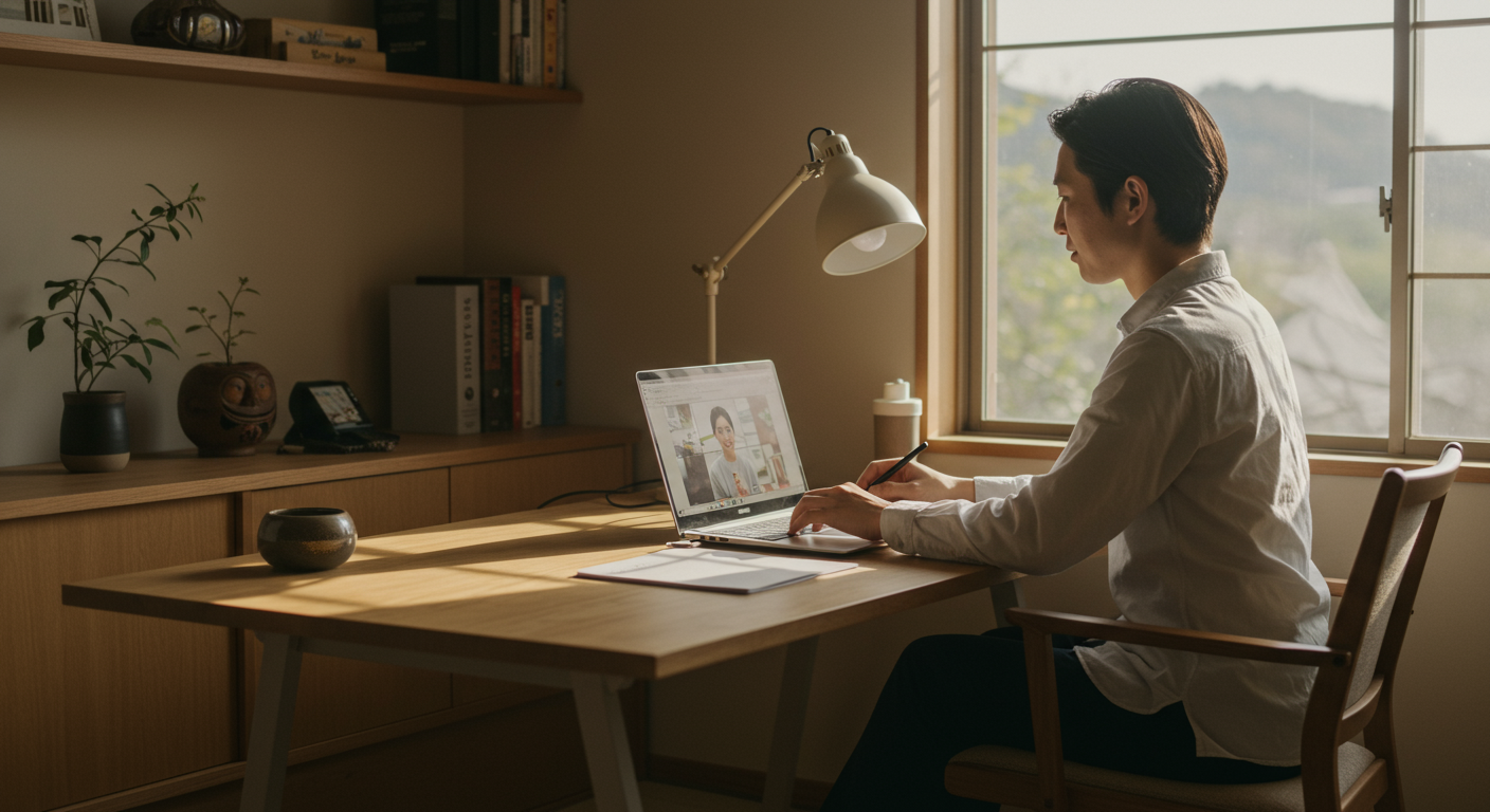 テレワーク環境でWindowsノートPCを使用するビジネスパーソン