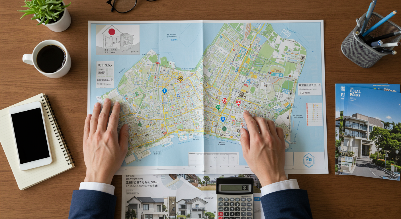 不動産営業マンが地域の地図を見ながら物件を検討している様子