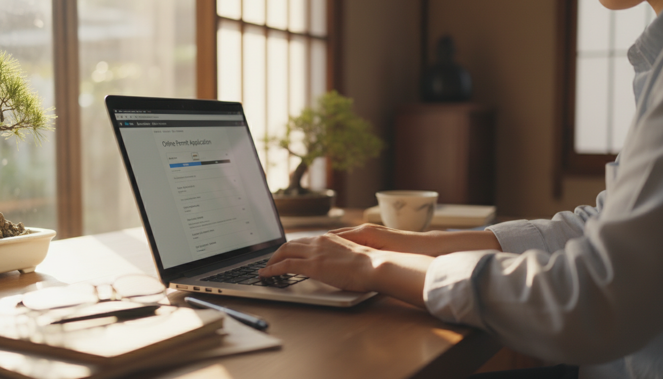 パソコンで特殊車両通行許可のオンライン申請を行う様子