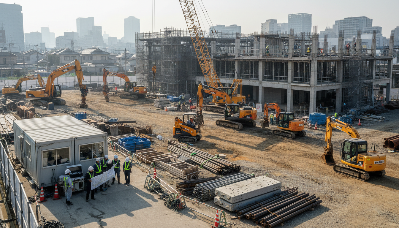 建設現場での特殊車両通行と経路変更のイメージ