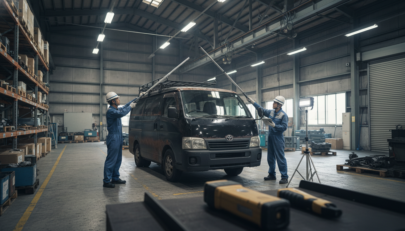 車両の高さを測定する様子と測定ポイント
