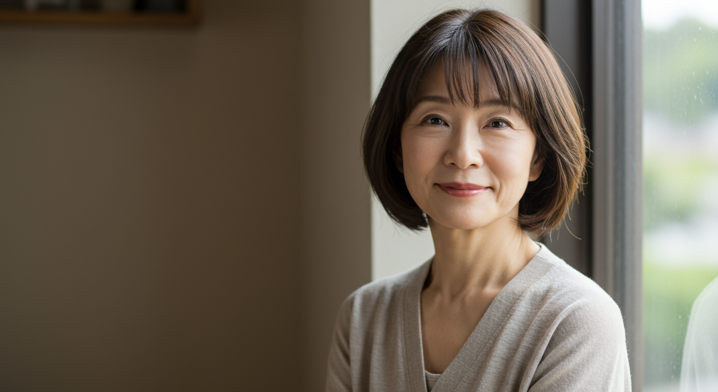 アラフィフ女性が静かに微笑む様子