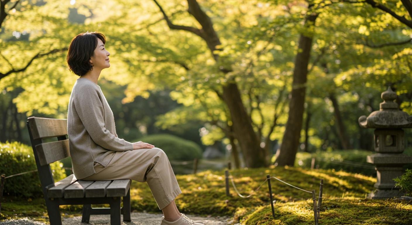 アラフィフ女性が自然の中でリラックスしている様子