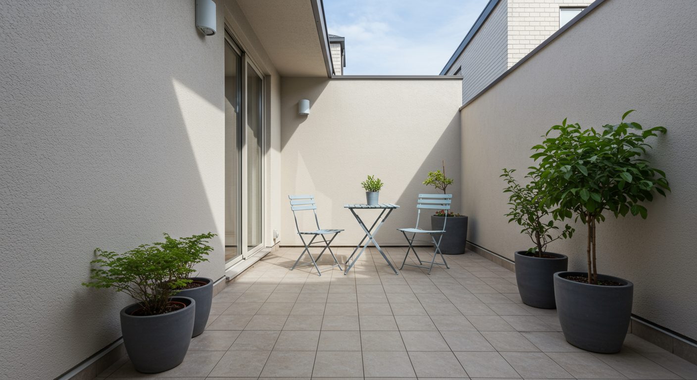 おしゃれなタイルテラスとガーデンファニチャー
