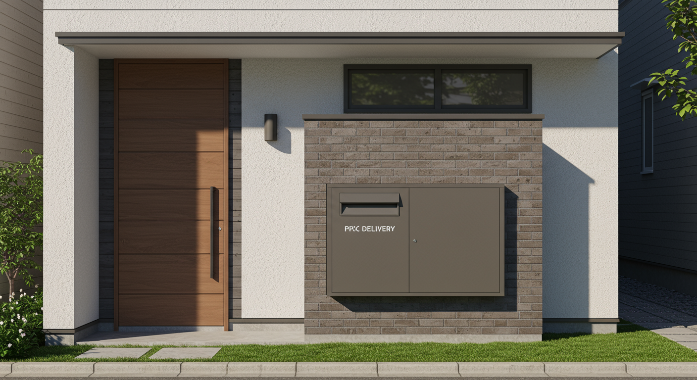 モダンな住宅の玄関に設置された宅配ボックスの例