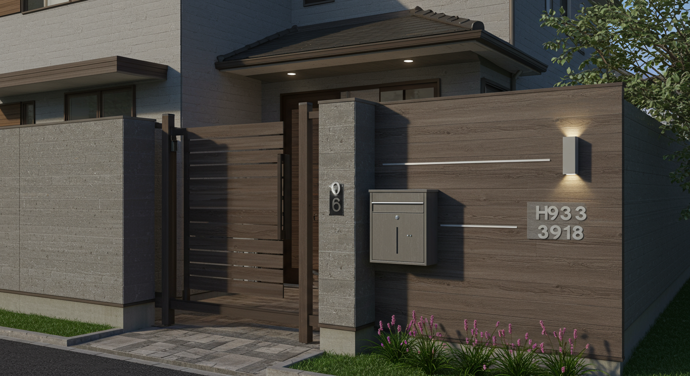 モダンな住宅の門柱とポストのデザイン例