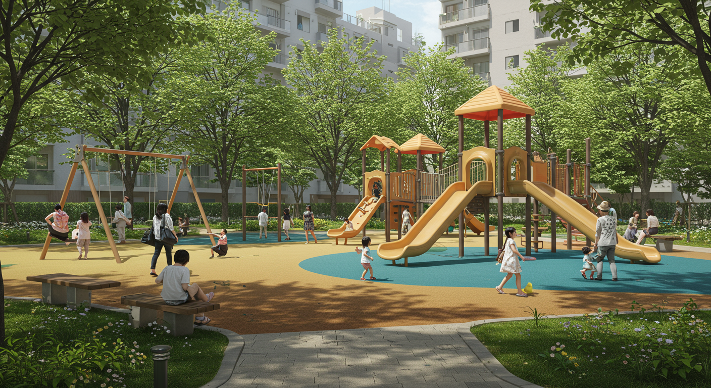 港区港南の公園で遊ぶ親子